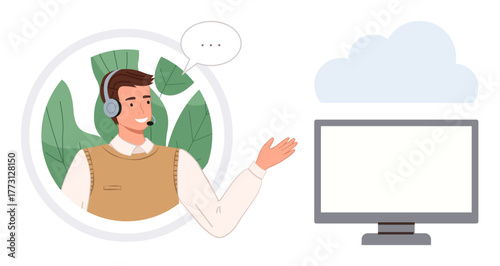 Smiling support agent with headset gesturing during a call near screen and cloud graphic. Ideal for remote work, digital communication, customer service, technology, virtual meetings, teamwork