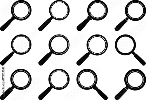 Twelve black magnifying glass icons arranged in a grid on a white background search research 2