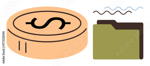Coin with dollar sign placed near a file folder, emphasizing finance, economy, budgeting, planning, saving, organization, digital storage. Ideal for business finance and simple flat metaphor