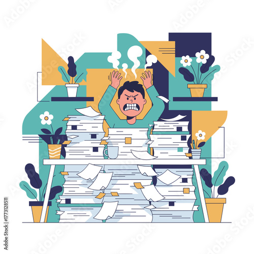 Burnout Frustrated office worker buried under massive stacks of paper documents