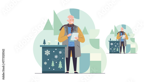 Smiling senior man interacts with a tablet device at a festive winter celebration