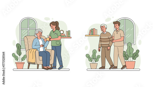 Professional caregivers provide support and comfort to elderly people in a home setting