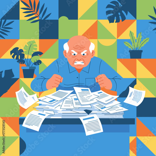 Angry elderly man stressed and overwhelmed by excessive paperwork and office bureaucracy