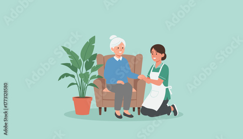 Caretaker holding hands with happy elderly woman in armchair Home care assistance and support