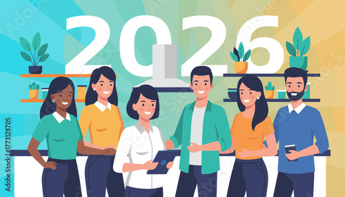 Diverse team celebrating 2026 business goals collaboration and future success in a modern office
