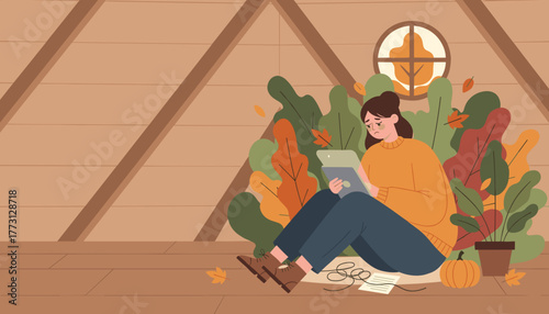 Stressed woman with tablet sitting alone in a cozy autumnal attic room Loneliness and technology concept