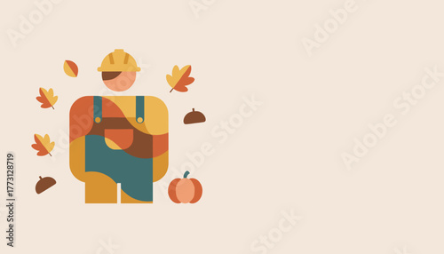 Minimalist worker icon in hard hat and overalls surrounded by autumn harvest elements pumpkin leaves and acorns