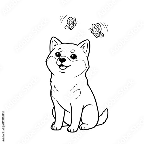 Curious Shiba Inu watching cheerful butterflies, coloring book page for toddlers Generative AI