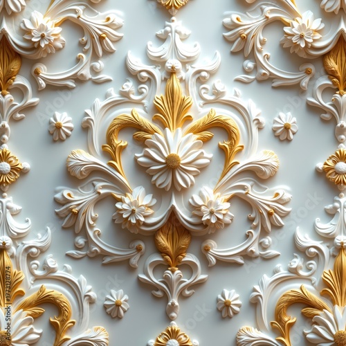Elegant seamless pattern with white, gold floral ornament. Classic baroque texture with 3d flowers, swirls. Luxury damask background for vintage wallpaper design. Intricate gypsum molding with