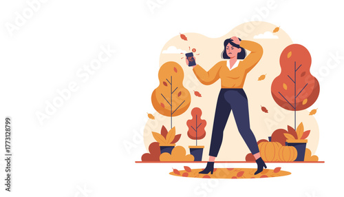 Frustrated woman receives a stressful notification on her smartphone in an autumn park setting