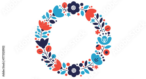 A colorful floral wreath design with blue red and navy elements