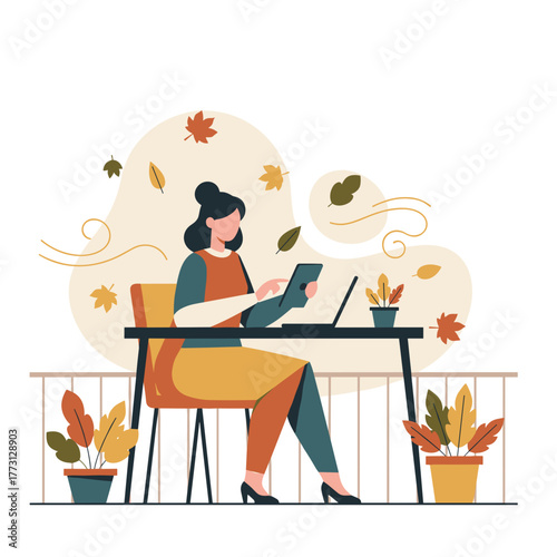 Remote work outdoors in autumn Woman uses tablet and laptop on a fall balcony