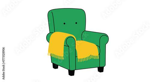 A simple illustration of a green armchair with a yellow blanket draped over it