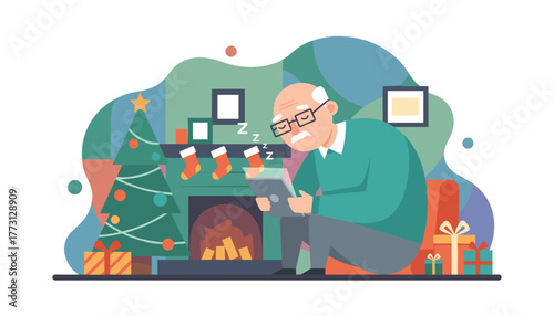 Elderly man asleep reading tablet by the Christmas fireplace Cozy holiday concept