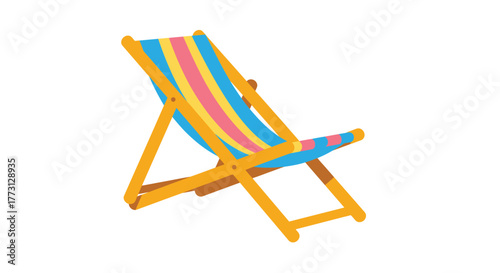 A colorful striped beach chair with a wooden frame is pictured