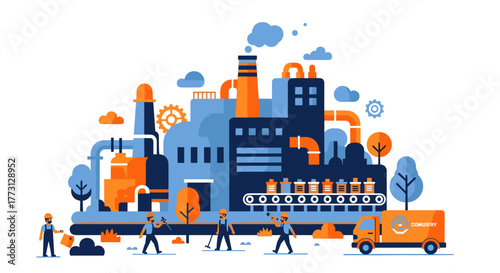 Manufacturing industrial factory with workers production line delivery truck and smoke stacks