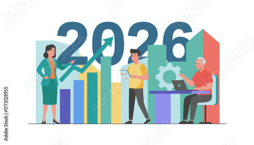 Diverse business team planning success for 2026 reviewing financial growth charts