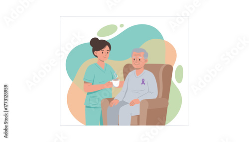 Nurse caring for senior man with awareness ribbon emphasizing compassion and health support