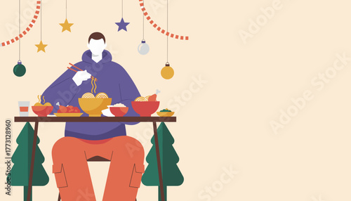 Cozy Christmas dinner illustration Man eating noodles with holiday decor