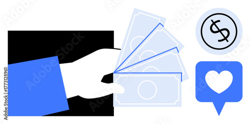 Hand extending cash, dollar sign in a circular frame, heart in a chat bubble. Ideal for finance, payment concepts, donations, e-commerce, social impact, online support digital economy simple flat
