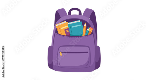 A purple backpack filled with colorful books pencils and school supplies