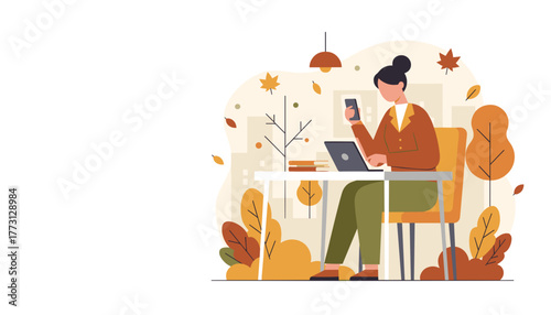 Businesswoman working remotely with laptop and phone in a cozy autumn illustration
