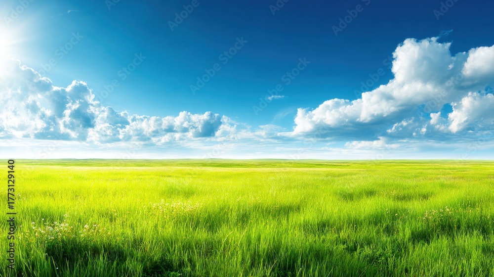 Fototapeta premium Vast Green Field Under Bright Blue Sky with Fluffy White Clouds and Brilliant Sunlight Shining on Lush Grass and Rolling Landscape in Tranquil Nature Scene