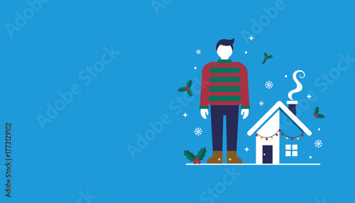Festive man in Christmas sweater beside a snowy decorated house Winter holiday illustration