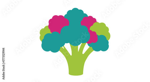 A colorful and simple illustration of a broccoli head with bright hues