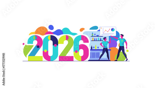 Planning 2026 business strategy Vector illustration of team analyzing graphs for future success