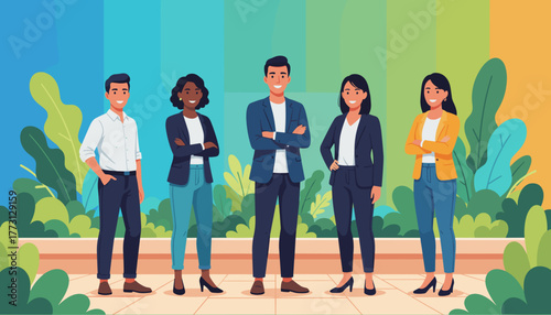 Diverse professional team standing outdoors Happy employees modern corporate culture illustration