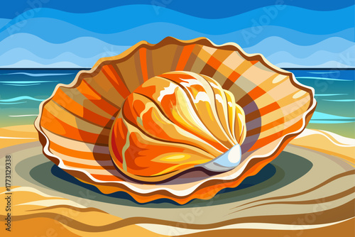Oyster fish shell with distinctive ridges and a soft mix of white, orange and light brown colors that cast a gentle shade on the beach sand, natural beach texture and coastal nature concept.