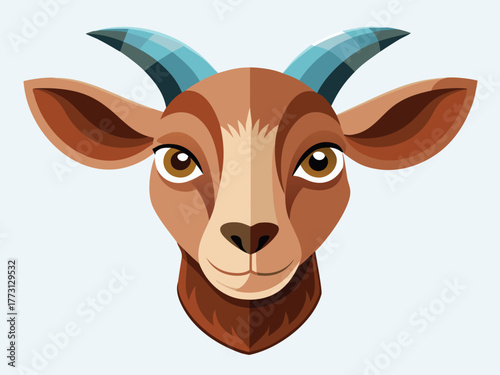 A goat head with blue horns and brown fur, looking straight at the viewer