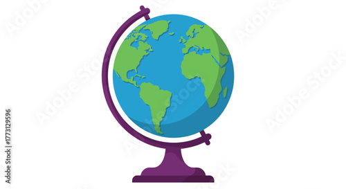 A colorful world globe illustration with a dark purple stand