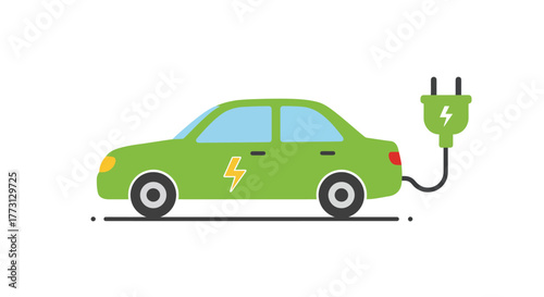 A simple green electric car illustration with a charging cable connected