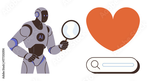 Humanoid AI with magnifying glass beside heart and digital search bar. Ideal for technology, artificial intelligence, online dating, emotion, research, innovation, connection themes, simple flat