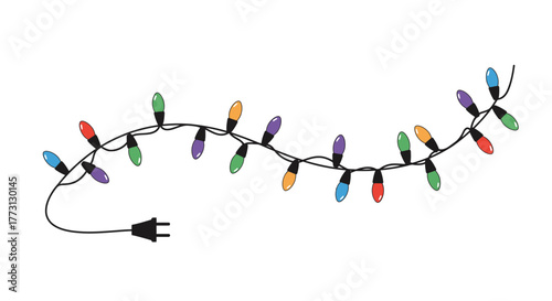A string of colorful christmas lights with a black electrical plug