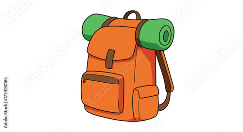 Cartoon illustration of an orange backpack with green rolled up top