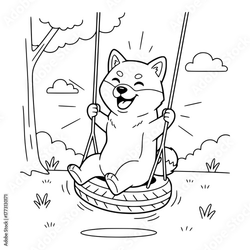 Playful Shiba Inu swinging on a tire, coloring book page for toddlers Generative AI