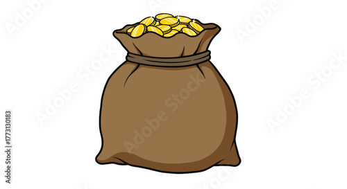 A simple cartoon illustration of a brown bag filled with gold coins