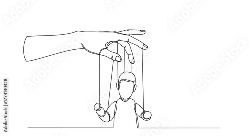 A hand controlling a marionette figure with delicate string lines