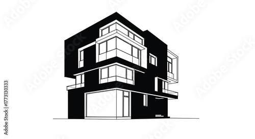 Modern architectural design of a black and white geometric house