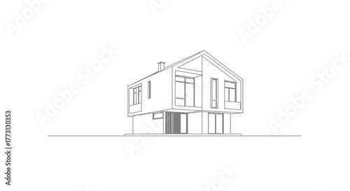 Line drawing of a modern two story house with simple architectural form