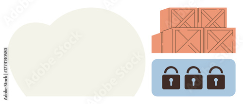 Cloud element, wooden crates symbolizing data storage, and padlocks for security. Ideal for cloud safety, data storage, digital files, privacy, secure access logistics organized management. Simple