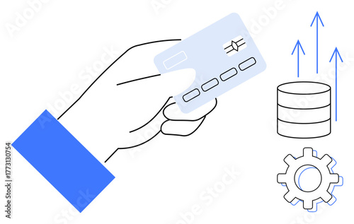 Hand holding credit card, gear and database with upward arrows symbolizing finance, data, growth, technology, innovation, digital transformation, cashless economy. Ideal for fintech banking