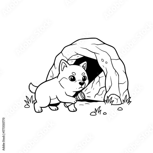 Brave Shiba Inu peeking into a cave with flashlight, coloring book page for toddlers Generative AI