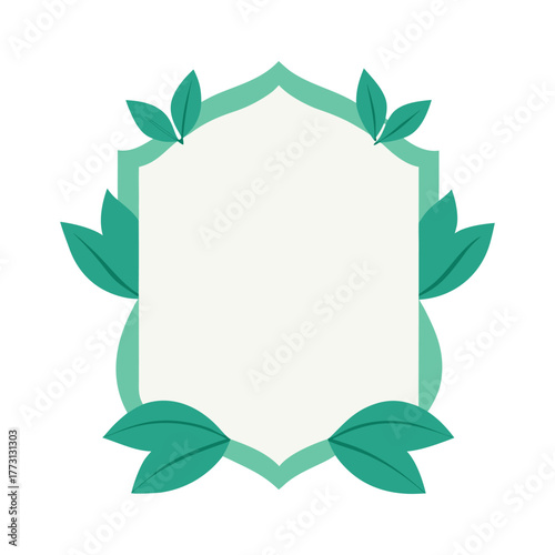 A decorative teal shield frame adorned with fresh green leaves