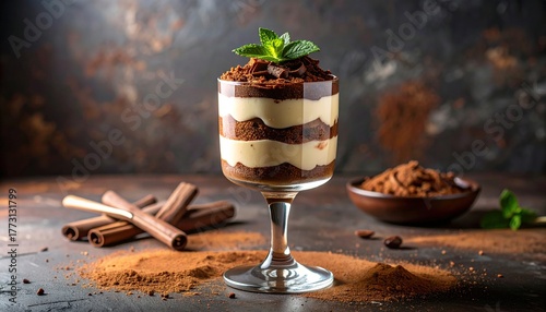 Fototapeta Naklejka Na Ścianę i Meble -  Elegant Italian Tiramisu Dessert in a Glass with Cocoa and Mint.
