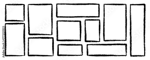 Chalk Frames and crayon text boxes doodle set. Rectangle and square shapes, grunge borders in sketch style. Hand drawn vector illustration isolated on white background