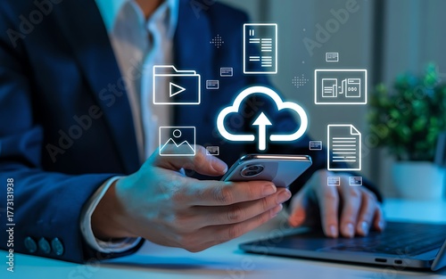 Person using smartphone with cloud storage and document icons for data management technology mobile phone